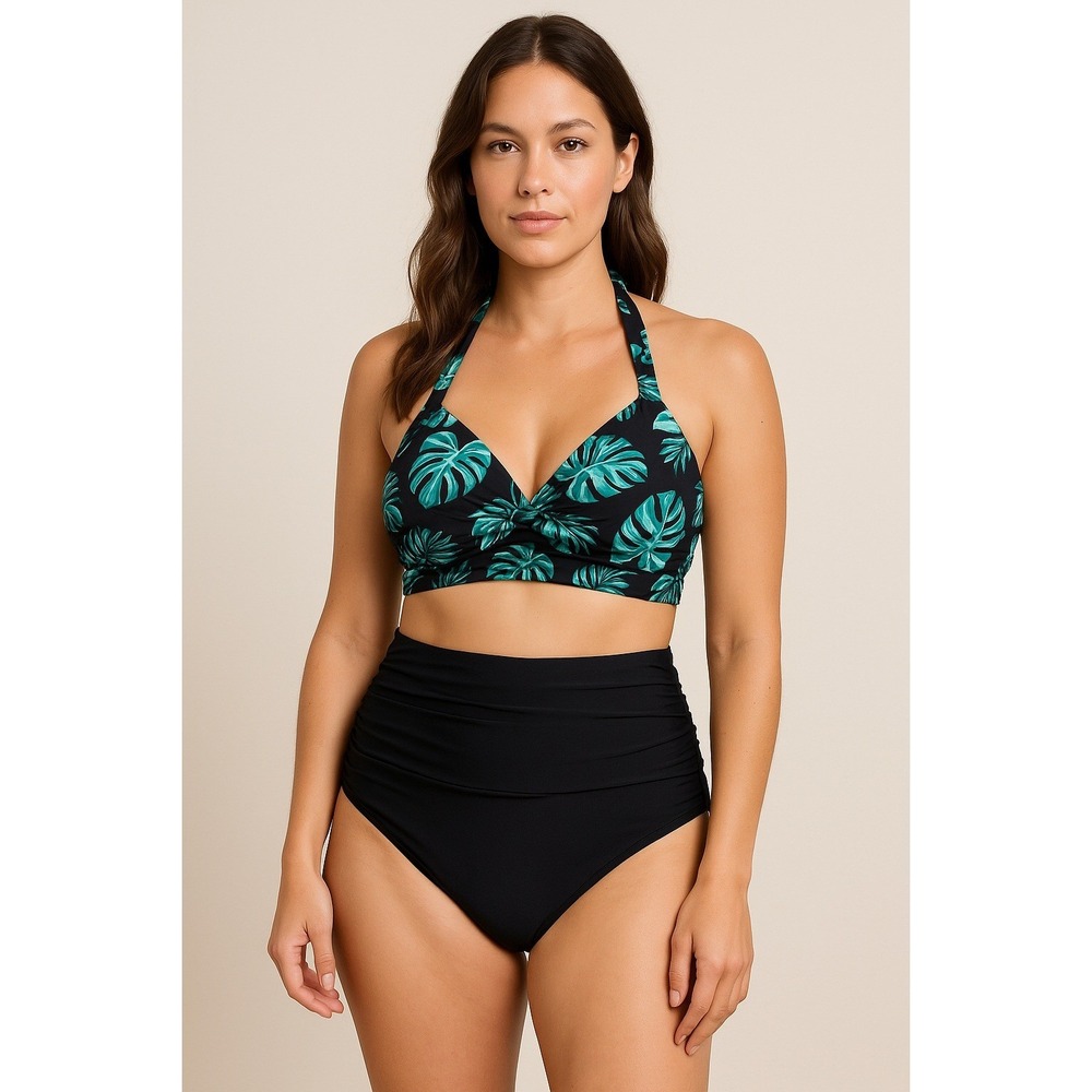 Tempt Me Bikini Set‎ Size L Black Green Tropical Leaf High Waist Resort Beach